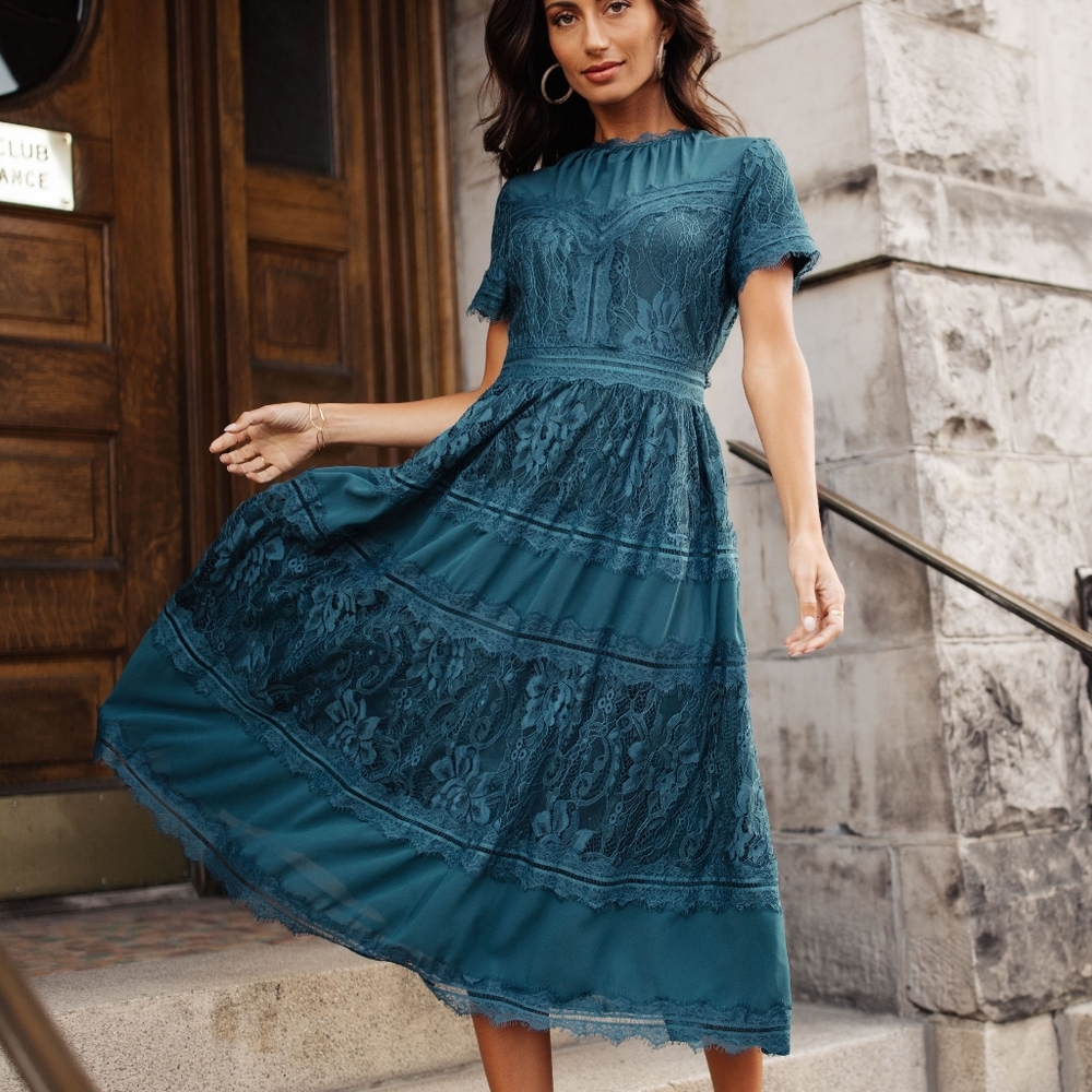Bohme Teal Eyelash Lace Midi Dress